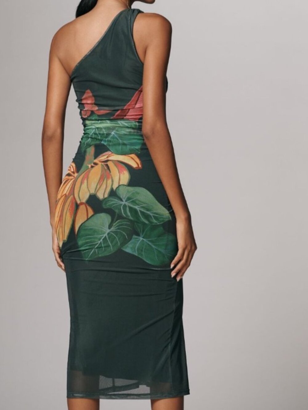 Anthropologie Green One-Shoulder Midi Dress with Tropical Floral Print - Picture 3 of 9